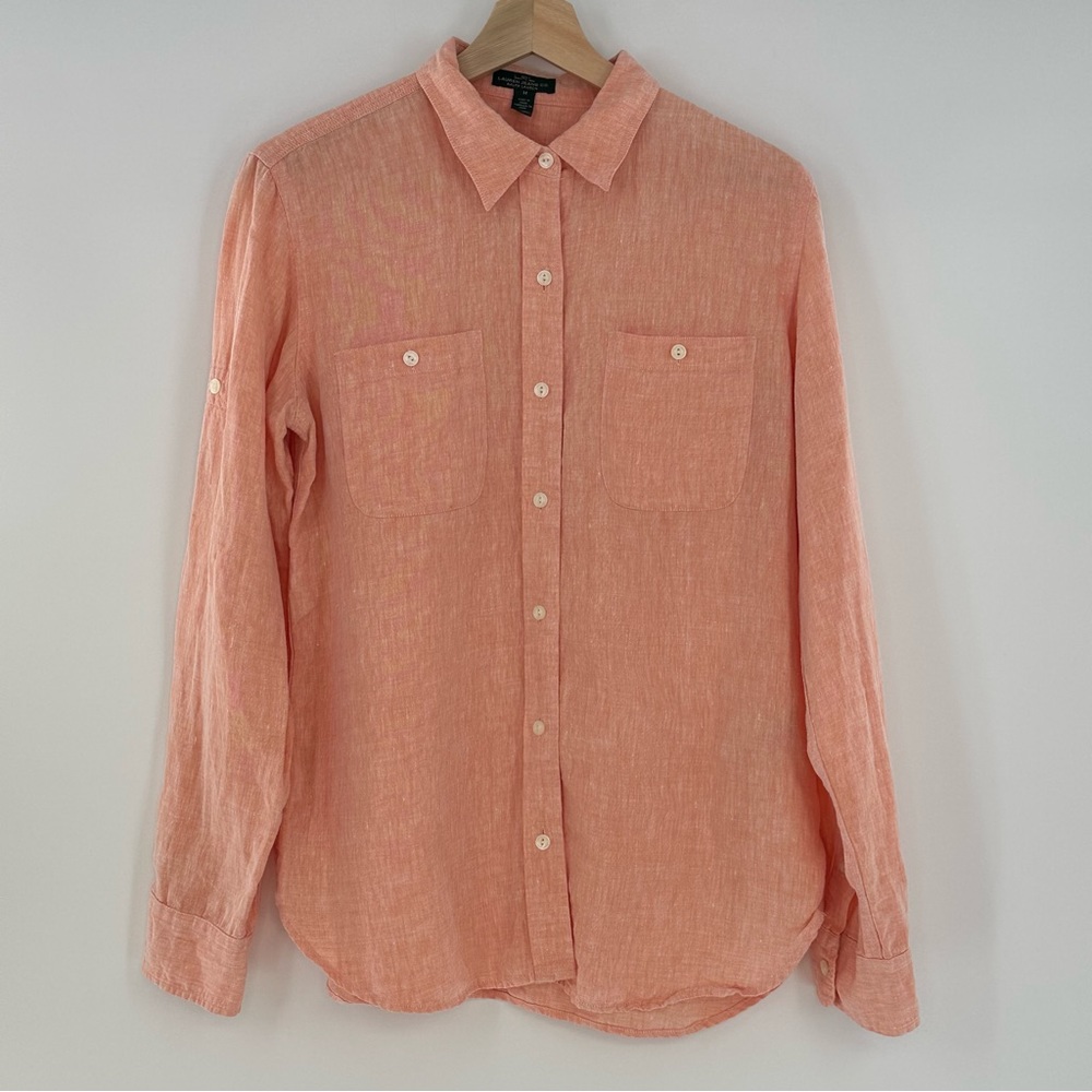 Lauren Ralph Lauren Women's 100% Linen Button Up Blouse Coral Orange Size Medium